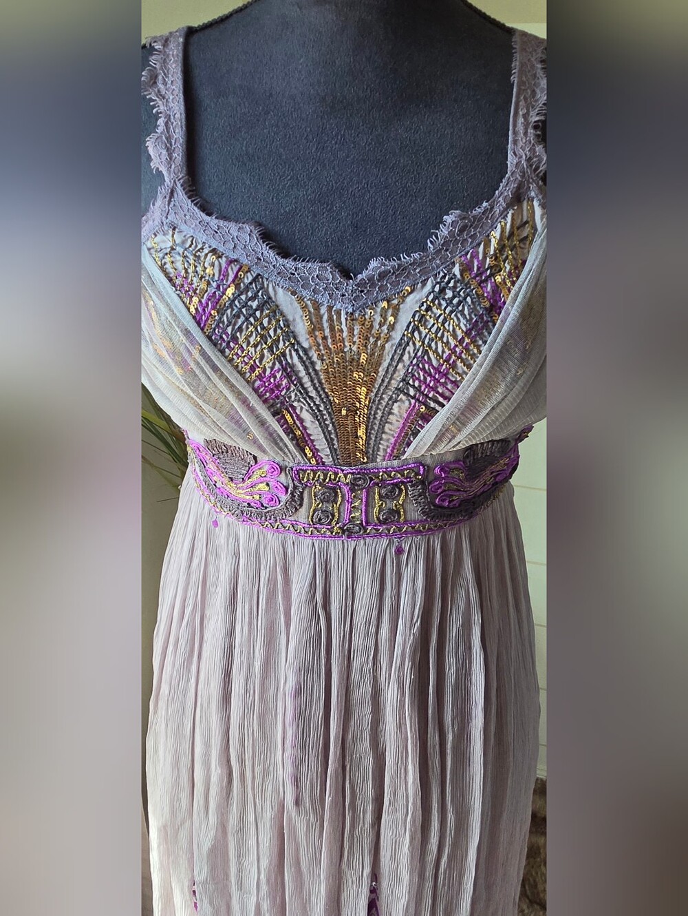 FREE PEOPLE Artemis Purple Gray Embellished Goddess Maxi Dress Whimsigoth Gown M - Picture 3 of 14